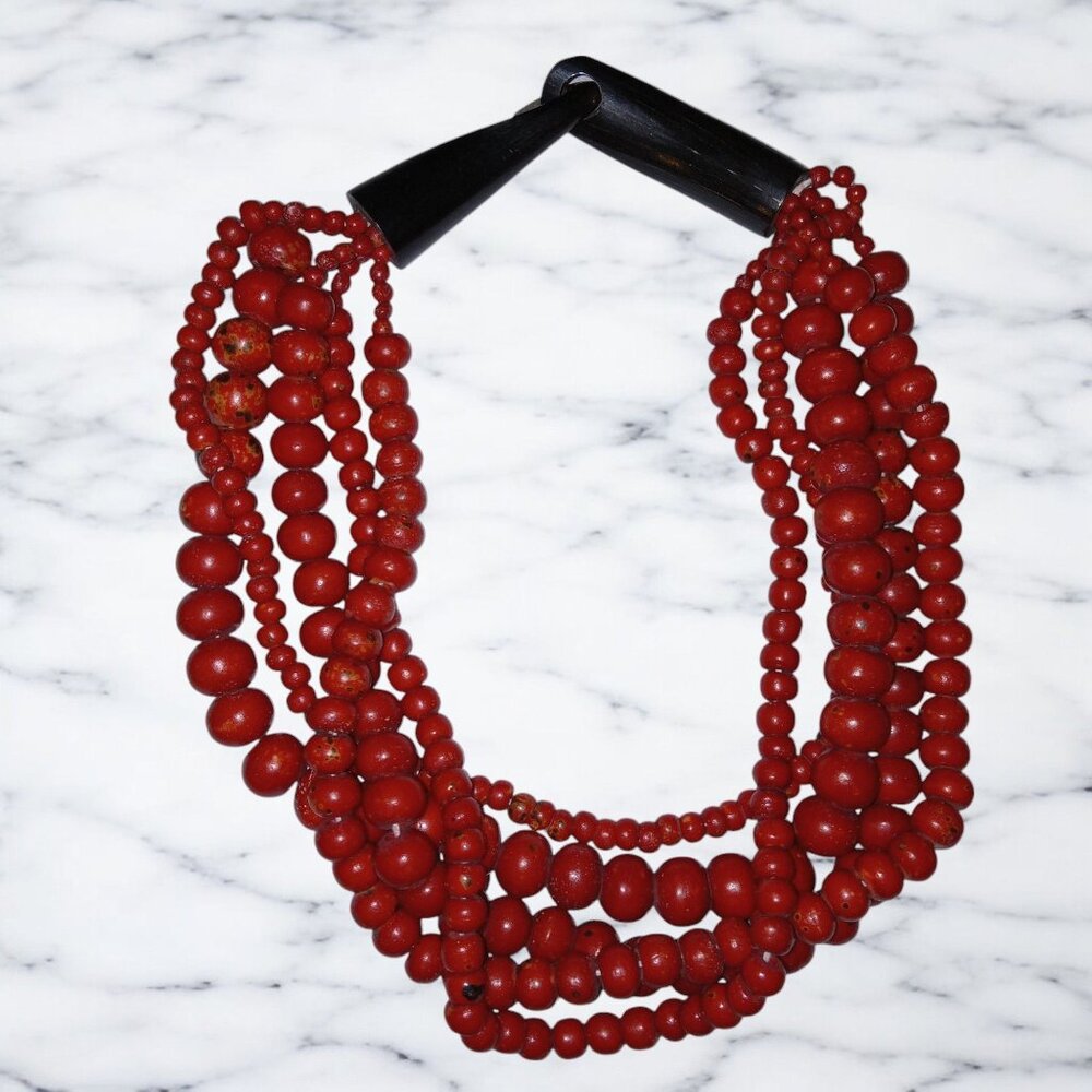 Vintage Red Multi-Strand Chunky Bead Necklace With Black Horn Clasp Boho